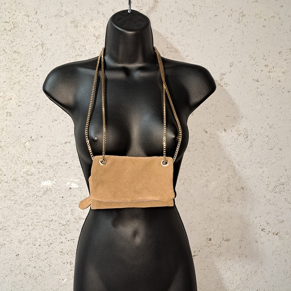 #029 Free People  Elegant Tan Chain-Strap Clutch/Crossbody Women's Bag - Picture 11 of 16